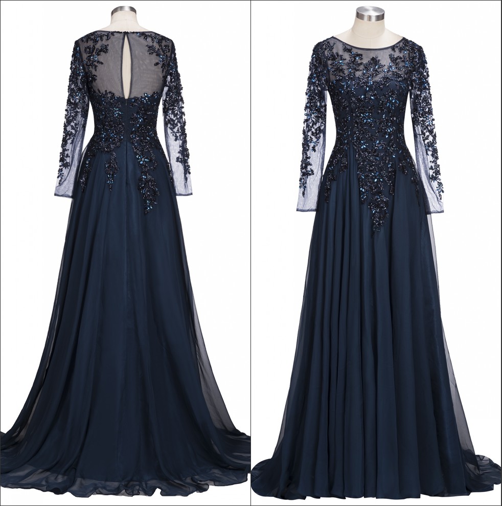 

Navy Blue Sheer Long Sleeves Chiffon Mother Of The Bride Dresses Beaded Stones Floor Length Formal Party Evening Dresses BA9135, Hunter green