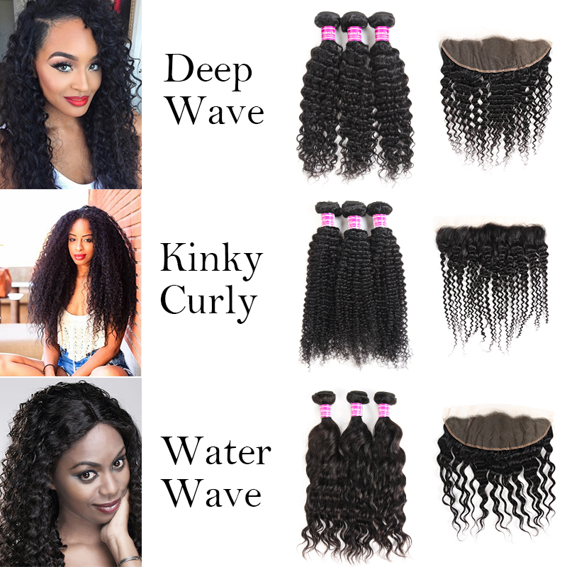 

Free Shipping Malaysian 8A Deep Water Wave Kinky Curly Human Virgin Hair Weave Bundles With Free Part Frontal Ear To Ear Hair Extensions