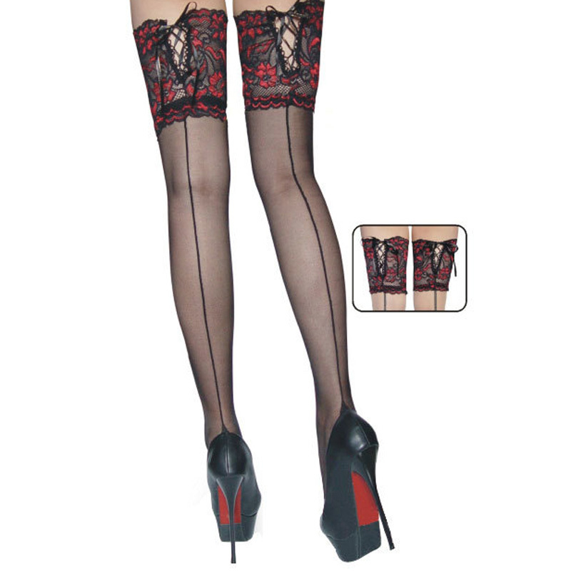 Punk Maid Sexy Cuban Heel Back Seam Stockings Wide Lace UP Hold Up Silicone Floral Top Thigh High Stockings Pantyhose For Women-image-427062923