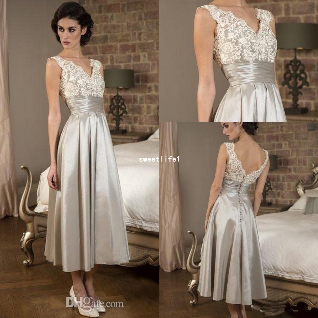 

vintage lace stain Tea Length Mother Of Bride Dresses Plus Size Lace V Neck Backless Ruffles Custom Make Mother Formal Prom Evening Dress