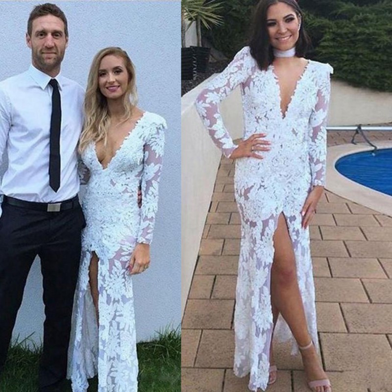 

Sexy Deep V Neck Prom Dresses White Lace Long Sleeves Mermaid Evening Gowns Front High Split Long Bridal Party Dress Custom Made Vestidos, Lilac