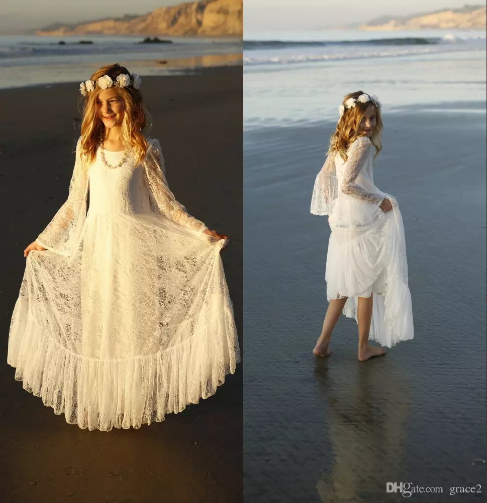 

White First Communion Dress for Girls 2019 Boho Lace Flower Girls Dresses Beach Style Long Sleeve Floor Length Custom Made, Yellow