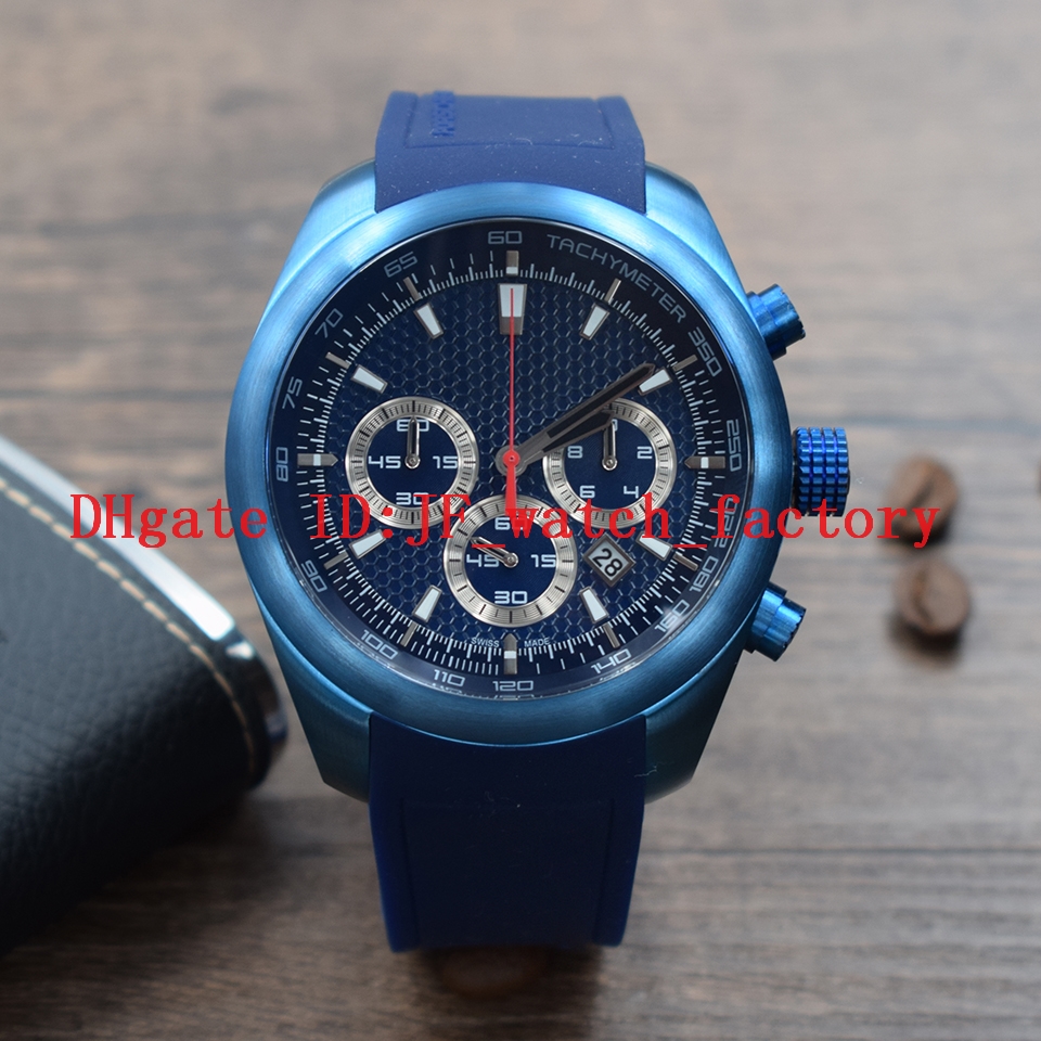 

Sports P6612 Japanese quartz movement Chronograph dial work All blue men watch Rubber strap Racing series Titanium steel WristWatch