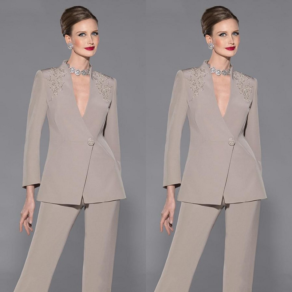 

Elegant Mother Of Bride Pants Suit V Neck Long Sleeves Appliques Satin Mother Of The Bride Custom Made Formal Dresses Suit