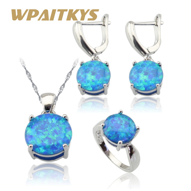 Round Blue Fire Opal 925 Sterling Silver Earrings Pendant Set Jewelry Accessories Key Chain Bracelet Necklace Pendants