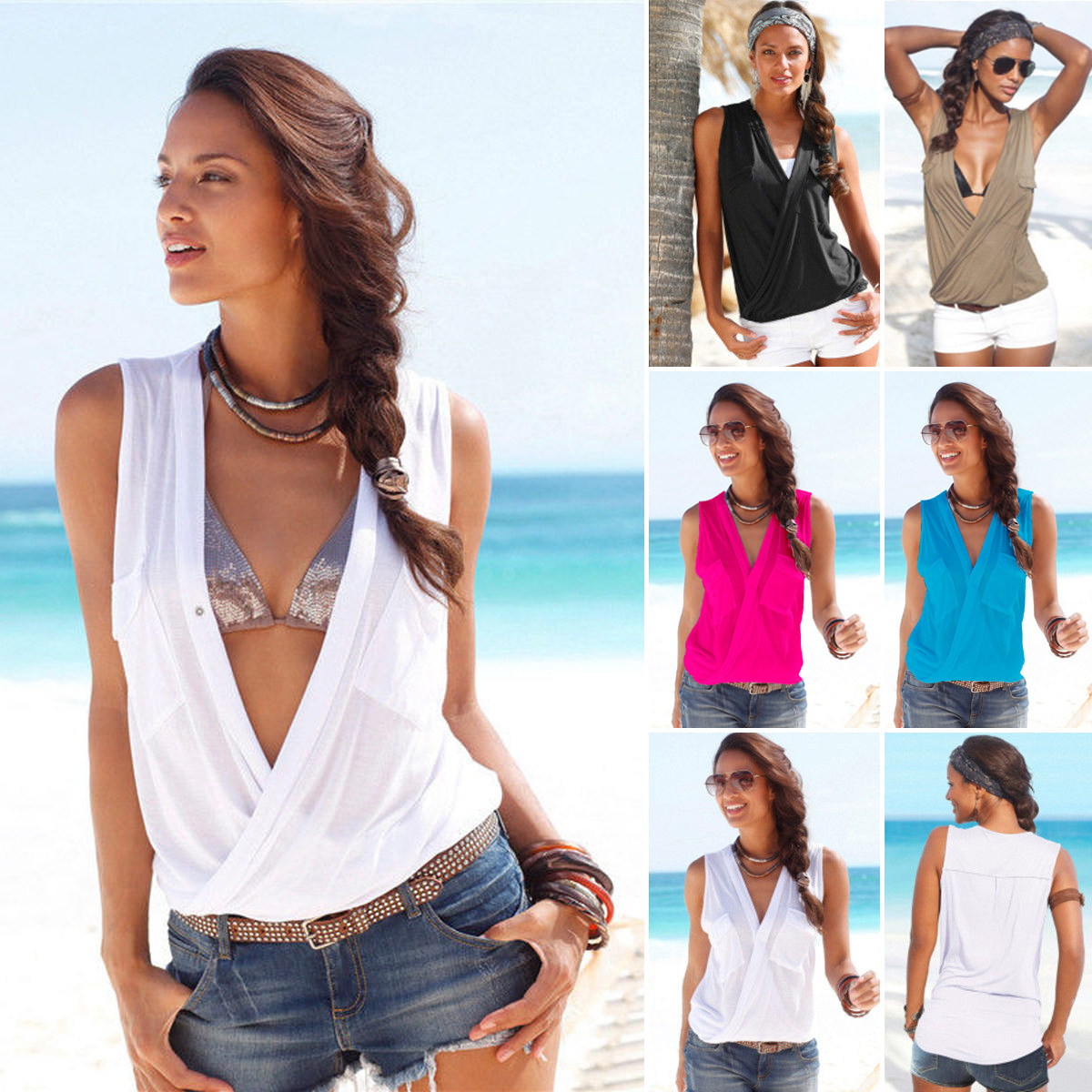 

Women Sexy T-shirt Solid V Neck High Quality Double Pockets Casual Plus Size S-  Panelled Sleeveless Europen American Summer Fashion Tops, Black