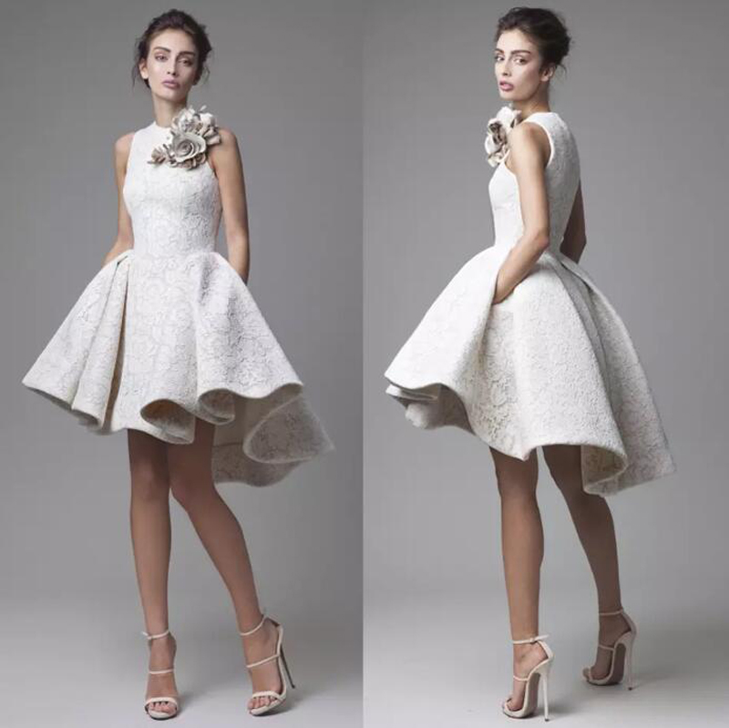 

2016 Lace Wedding Dress Krikor Jabotian Jewel Sleeveless High Low Wedding Dresses Short A-Line Beach Bridal Gowns With Flower, White