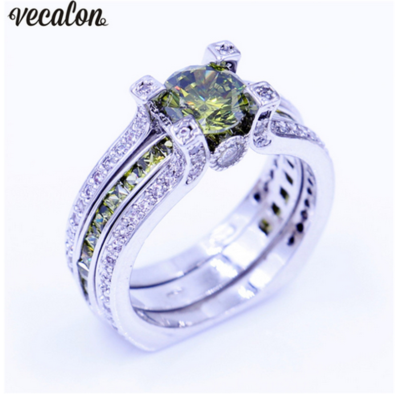 

Vecalon New Lady Anniversary ring Olive 5A zircon Cz White gold filled wedding Band ring Set for women men Birthstone Jewelry