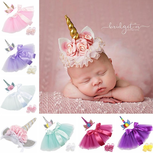 Tutu Skirt for Baby Girls 4 Layered Tulle Skirts Set with Hairbow or Crown Headband for Kids Birthday Gift(1T-3T