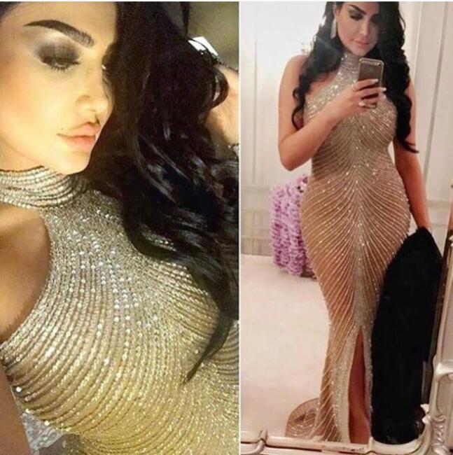 

Evening dress Yousef aljasmi High neck Off shoulder Halter Beaded Split Mermaid Kim kardashian Long dress Almoda gianninaazar ZuhLair murad, Same with picture
