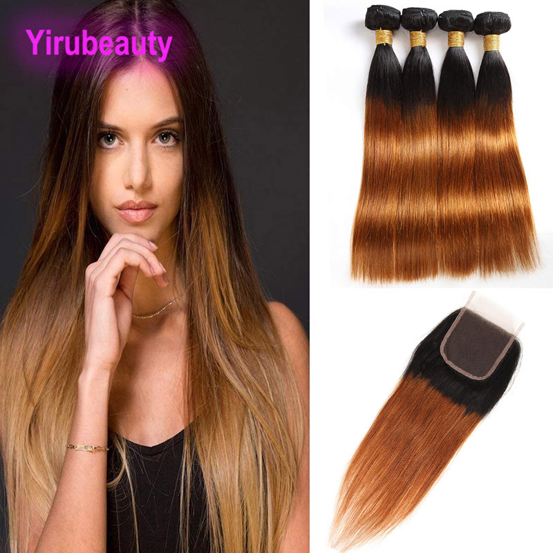 

Peruvian 3 Bundles With 4X4 Lace Closure 4pieces/lot 1B/30# Double Color Straight Virgin Hair Extensions Wefts With Closure Baby Hair 8-28", 1b/30