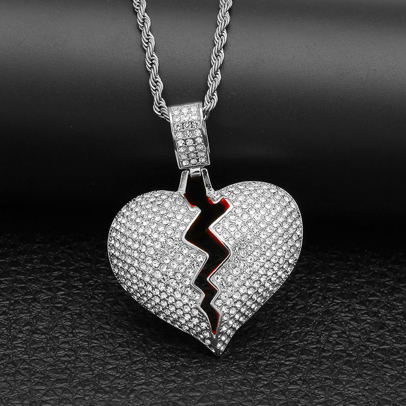 

Hip Hop Broken Love Heart necklace iced out Bling Crystal Heart-shaped Pendant Gold Silver Twisted Rope chain For women & Men Rapper Jewelry