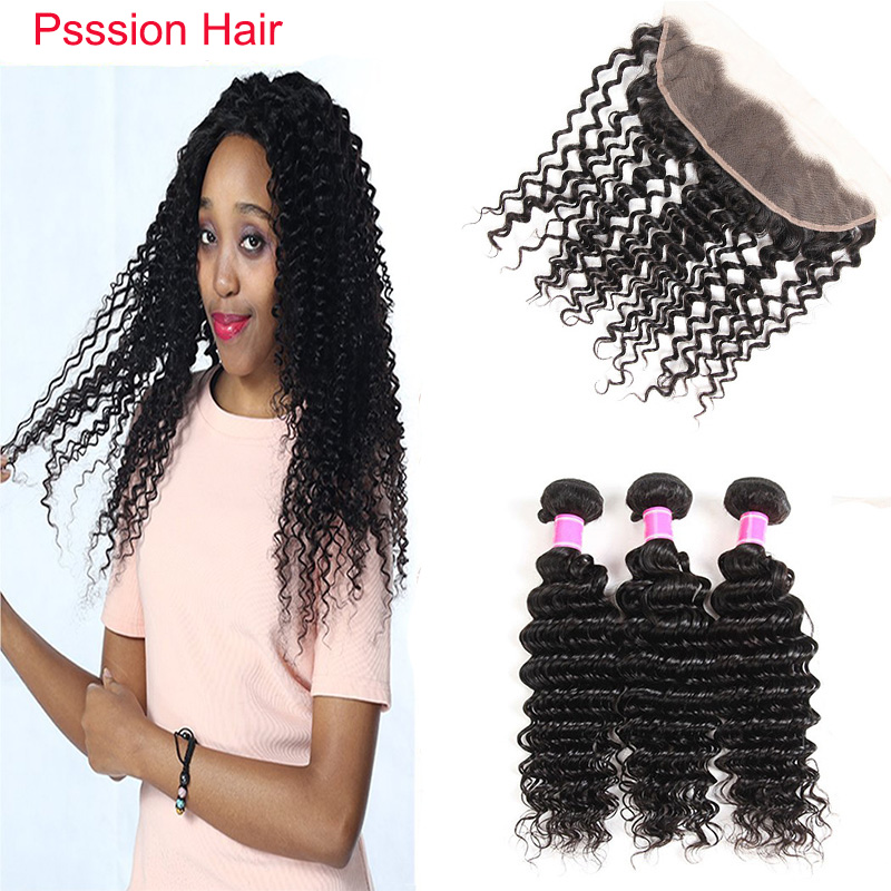 

Ear To Ear 13x4 Lace Frontal Closures With 3 Bundles Brazilian Peruvian Malaysian Deep Wave Curly Virgin Human Hair Weaves Extensions, Natural color