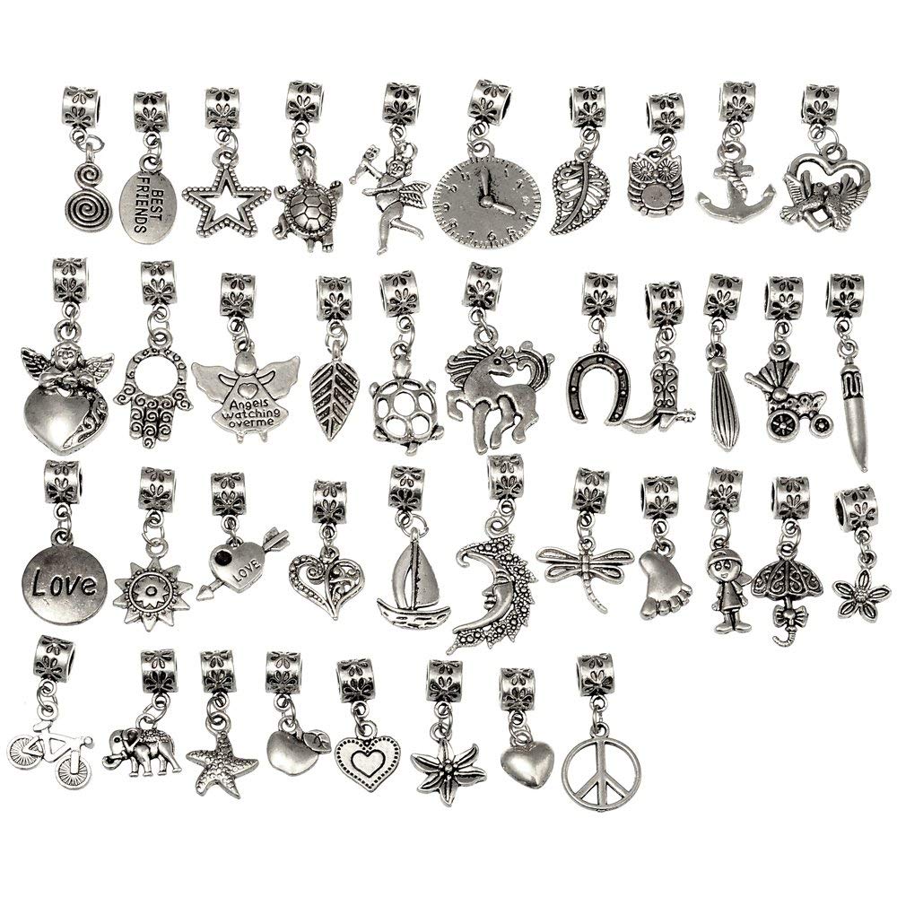 

40/80/120Pcs Tibetan Silver Color Connector Bails Mix Beads with Pendant fit European Charm Bracelet DIY, Bronze;silver