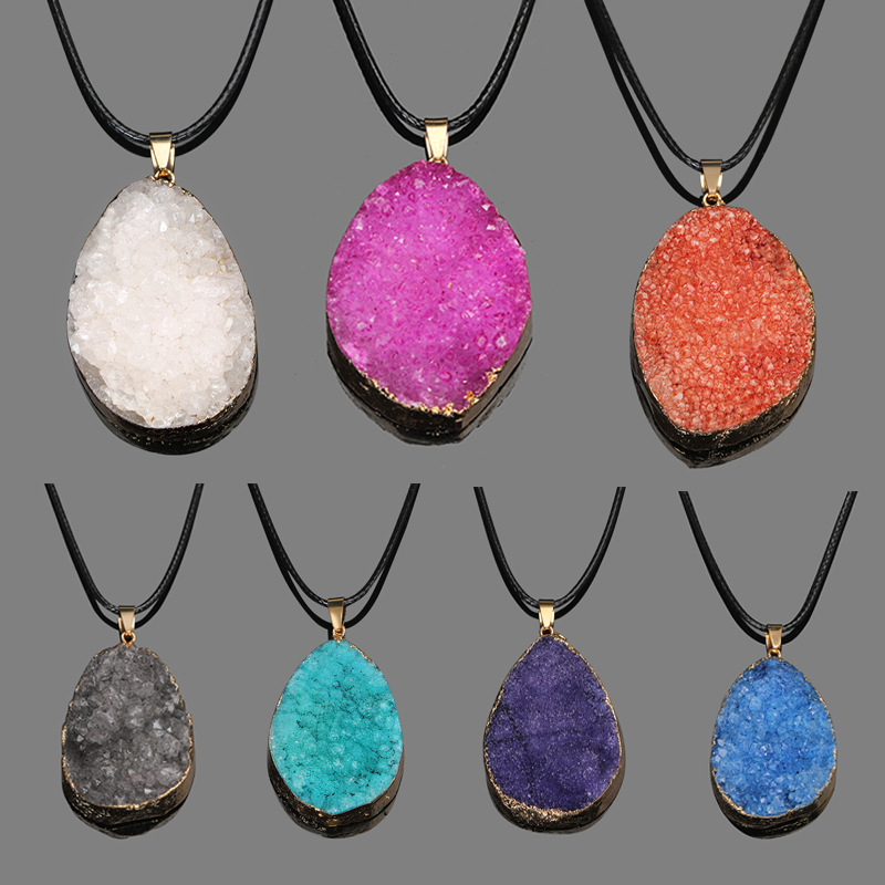 

Fashion Druzy necklace 7 colors Geometric Natural Drusy Stone pendant Black snake Leather rope chains necklace For women s Jewelry