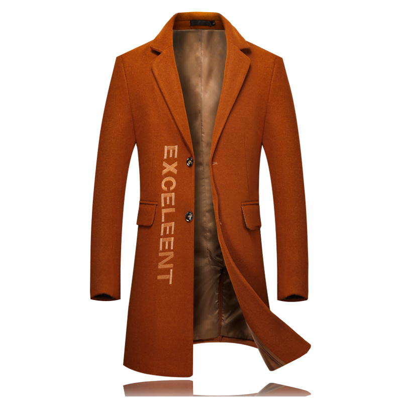 2018 New Men Winter Embroidered Woolen Coat Black Gray Orange Slim Elegant Mens Business Hotel Banquet Casual Long Jacket