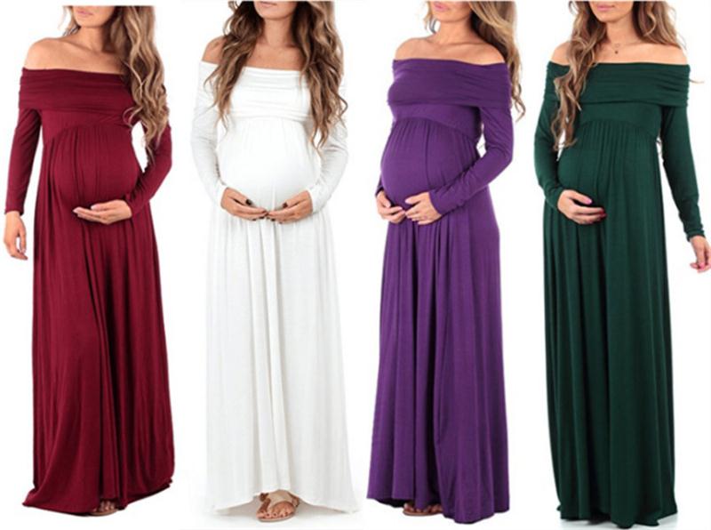 

Maternity Photography Props Long Dress Solid Long Sleeve Maternity Dresses Off Shoulders Pregnant Dress Turn Down Collar Dress, Multi-color