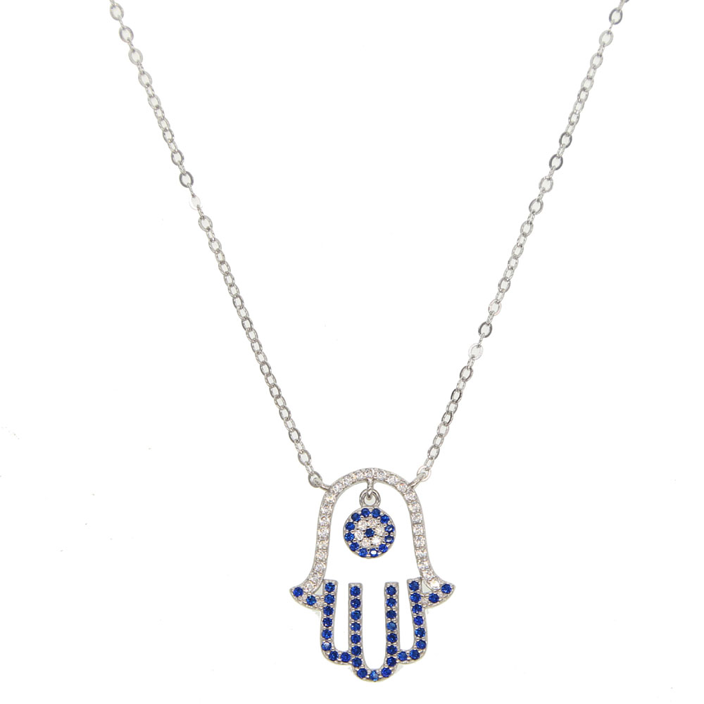 

2018 lucky turkish 925 sterling silver dangle evil eye charm Pave blue white cz Hamsa hand Fatima's hand pendant necklace