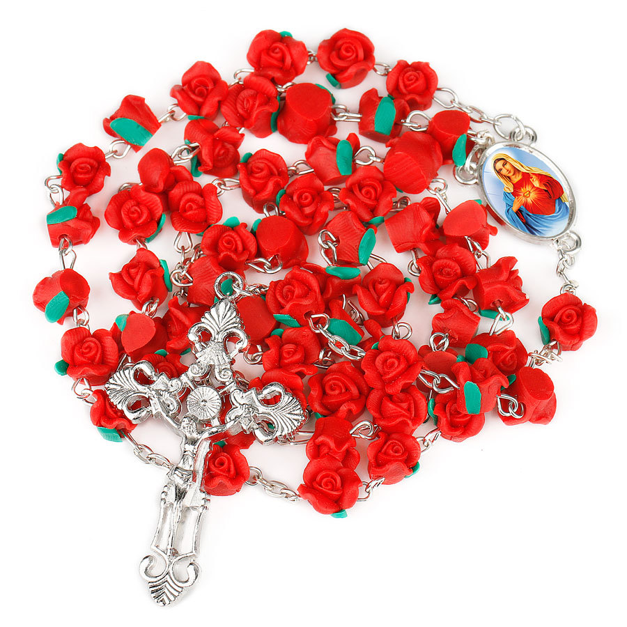 

Imitation Pearl Bead Holy Rosaries Necklace red Rose Flower Silver Cross Lourdes Center Madonna Rosary Necklaces Five Decade Our Lady