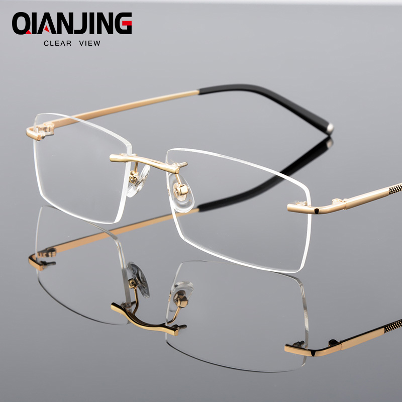 

QianJing Alloy Rimless Optical Eyeglasses Rimless Spectacle Frame Men Gents Frameless Clear Glasses Gold Prescription Eyewear