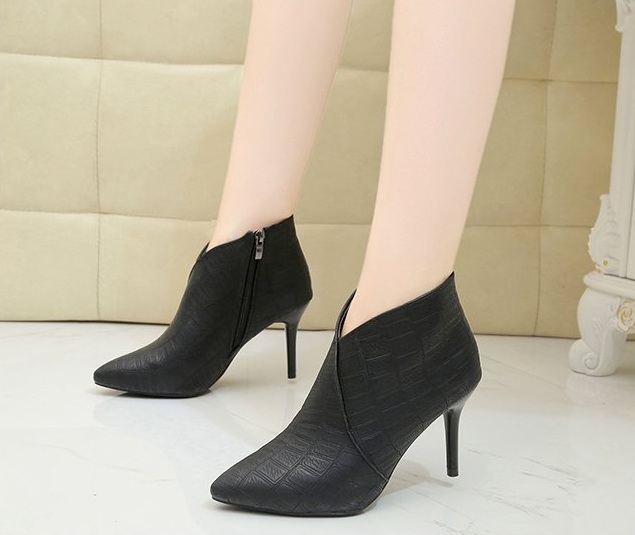 

Sexy high-heeled shoes pointed toe side zipper boots new style women's autumn and winter fashion bare thin heel Martin boots, Black