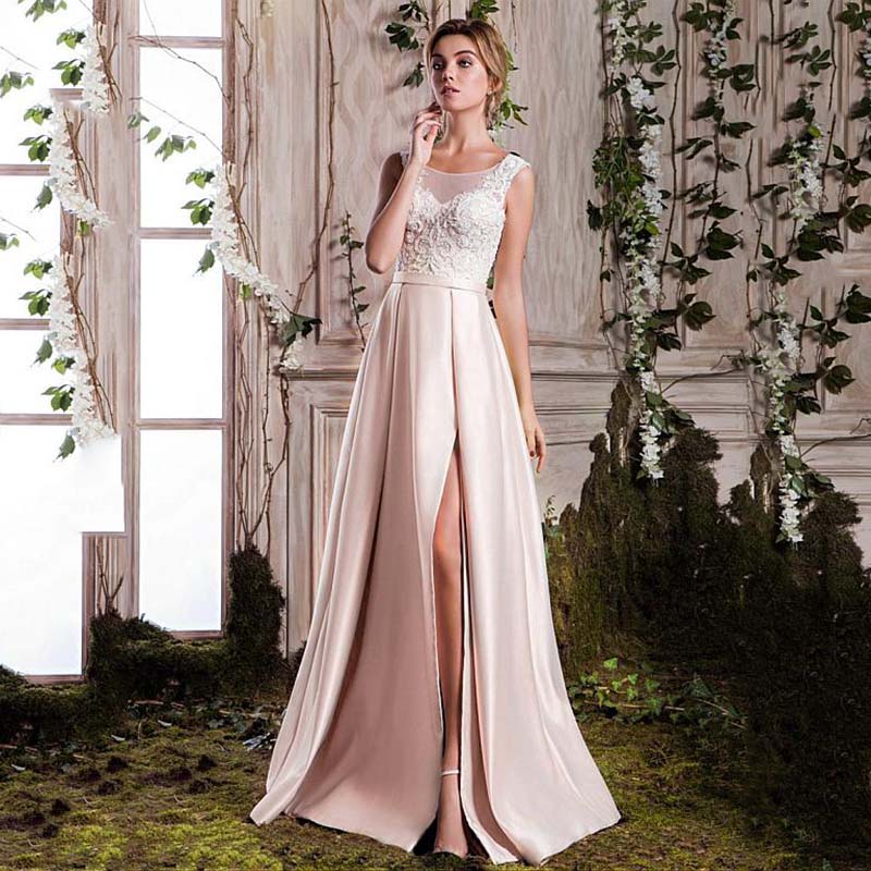 

Delicate Pink Satin Scoop Neckline A-line Prom Dresses With Beaded Lace Appliques Evening Party Dresses Sexy Prom Evening Gowns Custom Made, Blue