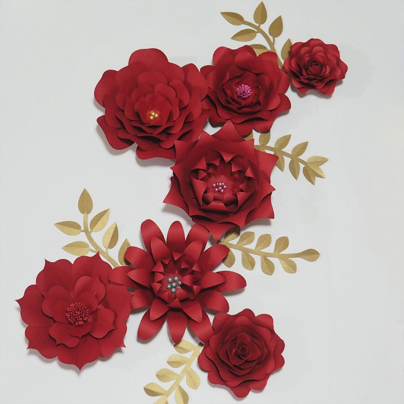 

DIY 7pcs Red Giant Paper Rose 5 Leaves Flores Artificiales Fleur Artificielle For Wedding & Event Backdrop Party Nursery