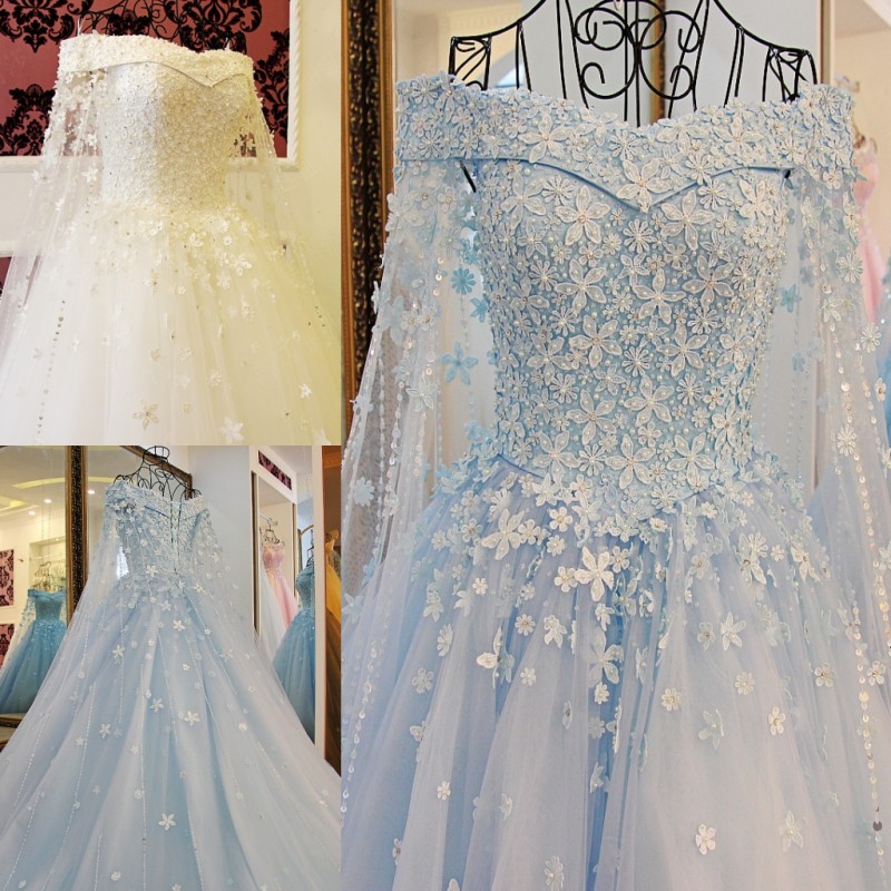 

2021 Blue Off The Shoulder Wedding Dresses with Detachable Cape Beaded Pearls Applique Elegant Lace-up Back Bridal Wedding Gowns Real Photo, Ivory