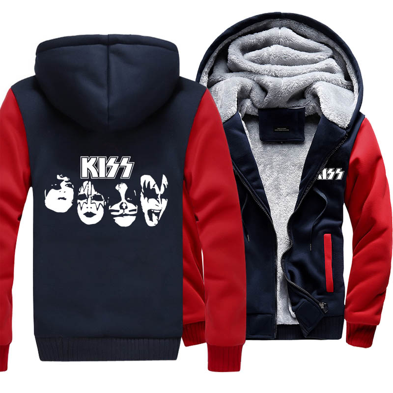 

kiss four face thickness hoodies adult velvet baseball sweatshirts kiss four person men winter jacket hat coat m5xl big size, Navy blue gray