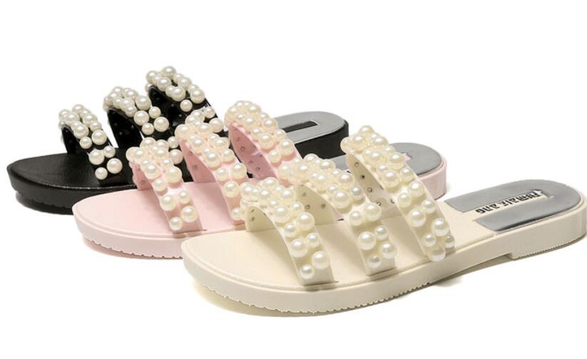 

Women slippers top quality luxury pearl fashion brand new arrival Leather sexy ladies Summer Soft beach casual bathroom Slippers, Black