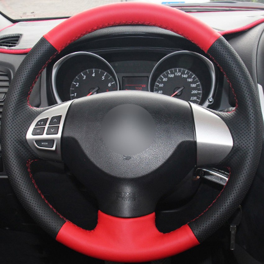 Red Black Genuine Leather Car Steering Wheel Cover for Mitsubishi Lancer EX 10 Lancer X Outlander ASX Colt Pajero Sport-image-430979397