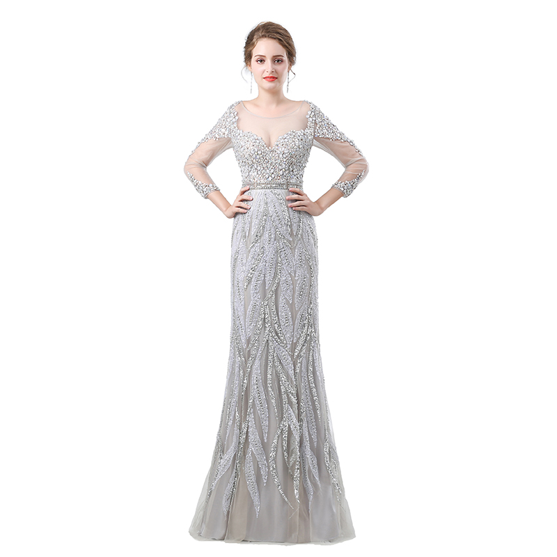silver evening gown with sleeves