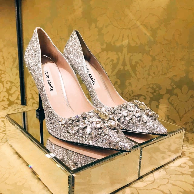 

diamond sequins fine heel high dress party shoes pointed toe sliver bridal wedding, Silver