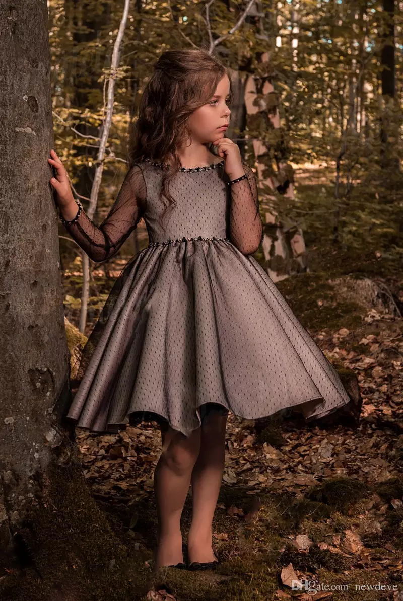 Robe de concours en Tulle noir pour enfants, robes de demoiselle d'honneur pour mariage, longueur aux genoux, robe de fête d'anniversaire pour en