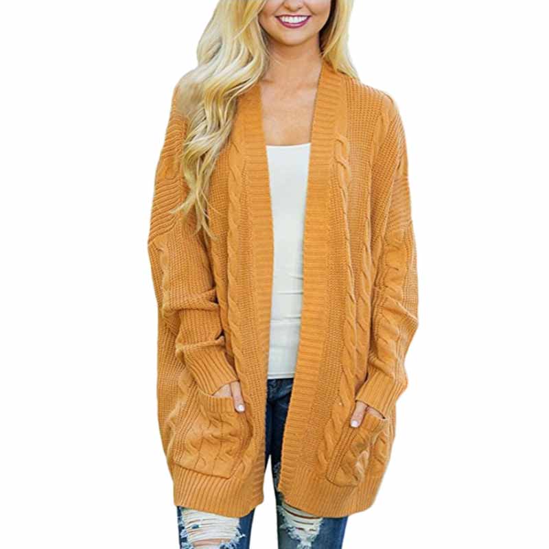 

New Hot Women Fashion Open Front Long Sleeve Knit Sweater Cardigan Ladies Casual Loose Pockets Twist Sweater Coat Outwear Tops, Black