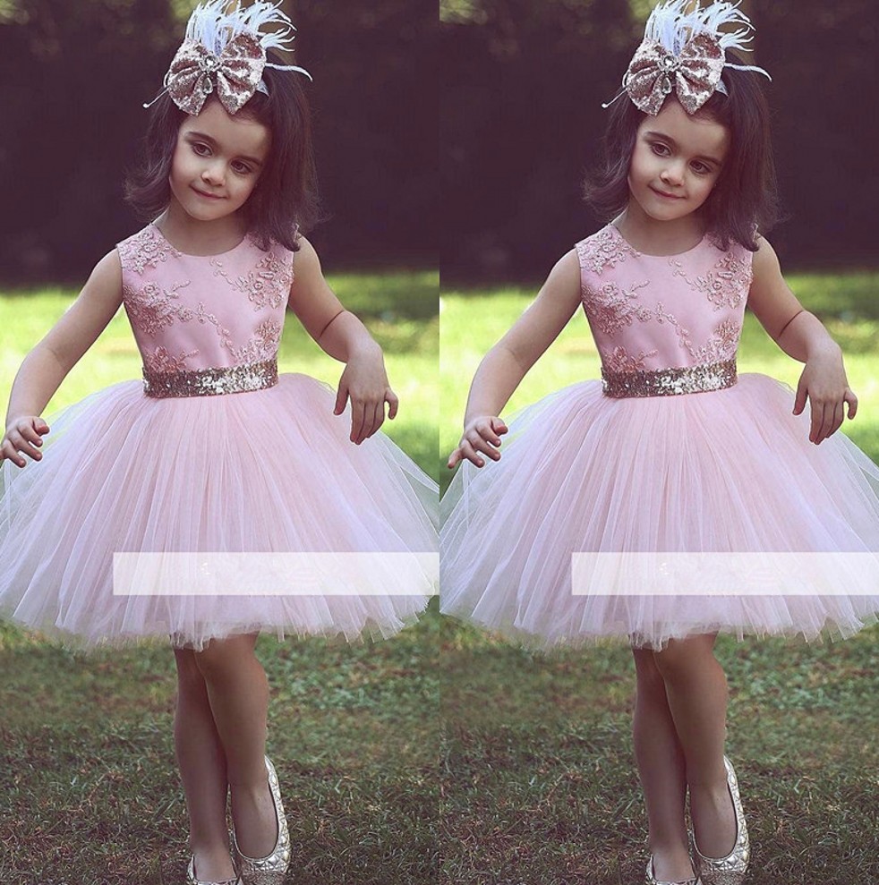 

2018 Cute Crew Pink Lace A Line Short Flower Girls Dresses Tulle Sequined Bow Sash Girls Pageant Dresses Princess Kids Party Gowns BA9268, Silver