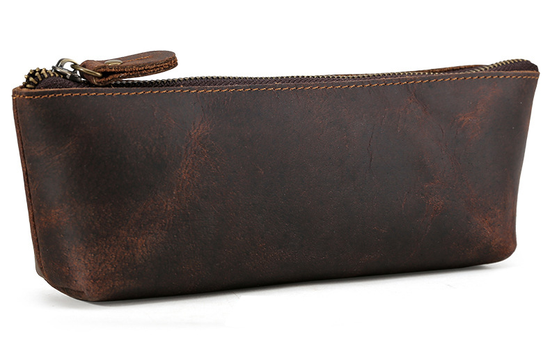 

Vintage Handmade 100% Genuine Crazy Horse Leather Cowhide Men Women Long Zipper Wallet Purse Pen Pencil Bag Holder, Deep brown