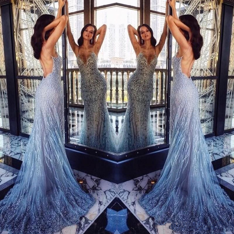 

Luxury Rinestone Beading Prom Dresses Deep V-Neck Sexy Backless Tulle Mermaid Evening Dress Saudi Arabia See Through Robes De Soiree, Lavender