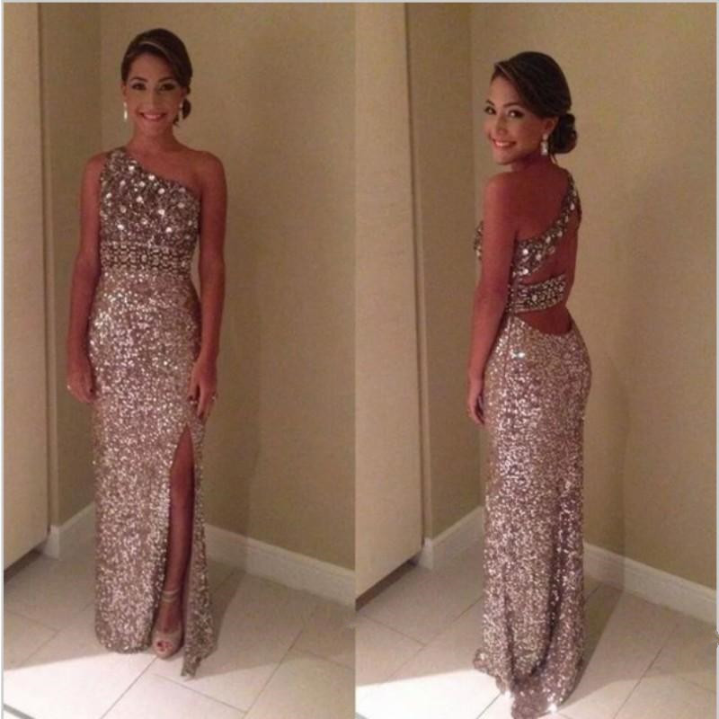 

Sparking Sequined Side Split Prom Dresses with One Shoulder Rhinestone Sexy Backless Maid of Honor Evening Party Gowns, Champagne