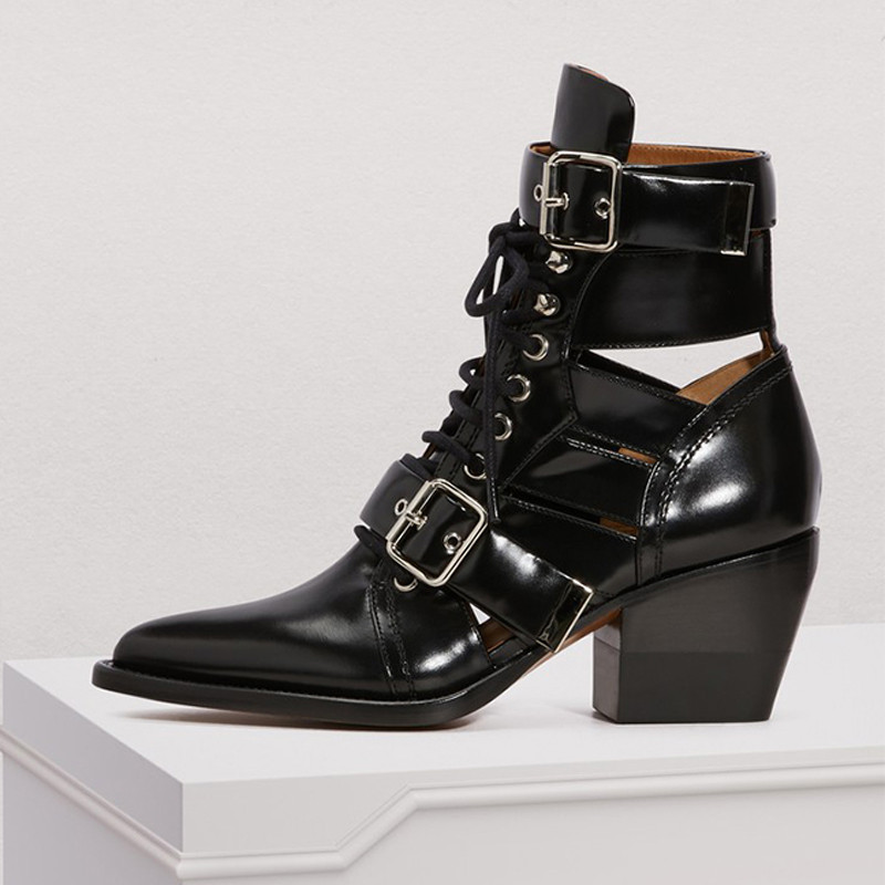 

2018 Autumn genuine Leather ankle boots for women strappy cut out Buckle Straps brand design high Heels Motorcycle martin Boots shoes, Apricot