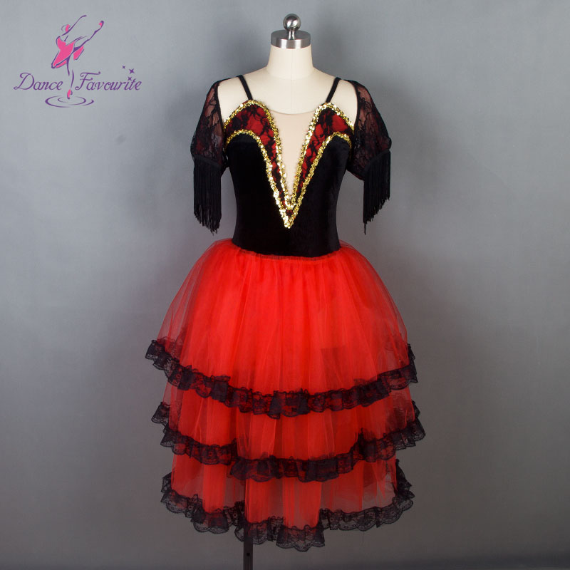 

New! Spanish style Black Velvet Bodice Red tulle girls ballet dress for women Performance ballet costumes for ballerina, As pic