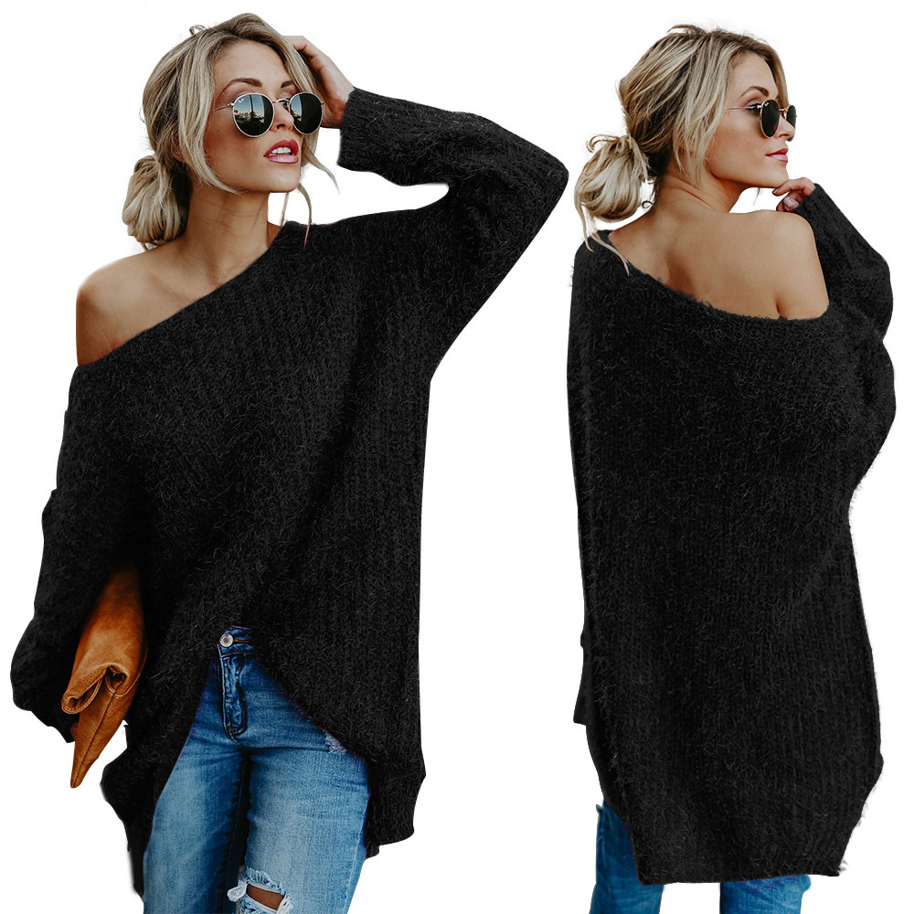 Womens Woolen Sweaters Solid Color Off the Shoulder Casual Loose Fashion Tops Pullovers Female Vestidoes