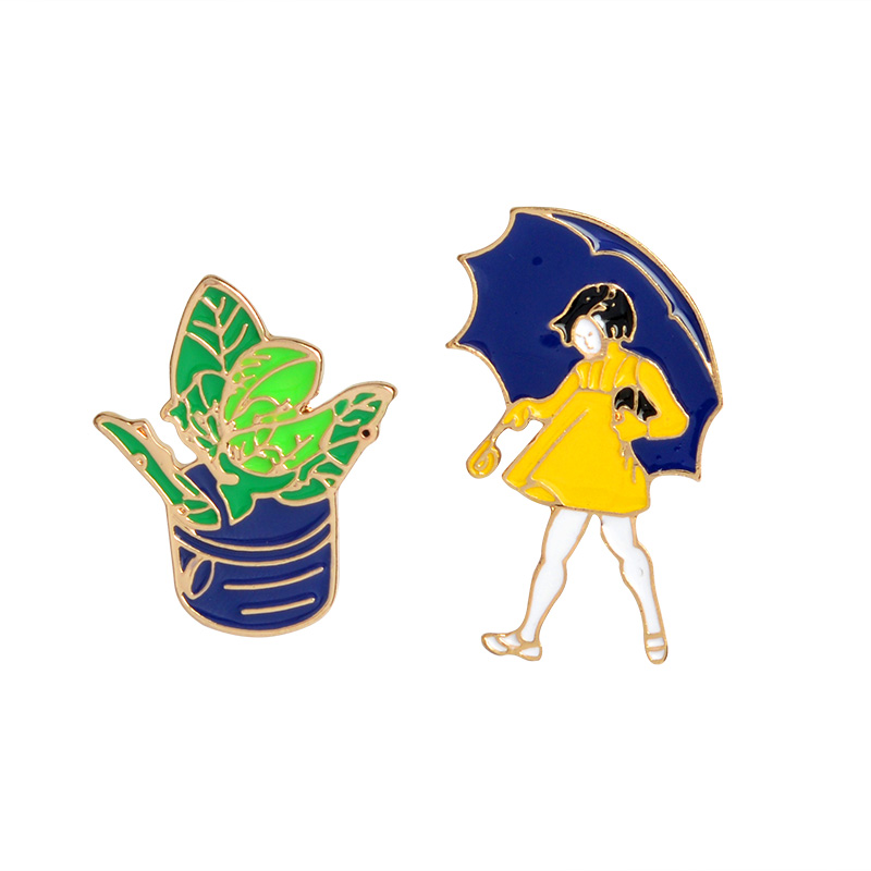 Jewelry brooch pin for women Hard enamel brooches pins Little girl with umbrella Bohemian potted plant cute girls child wedding party anniversary-image-421121877