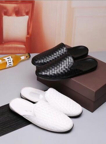 

Genuine Leather Men's Casual half Slippers shoe Weave Knit designer name brand Male leisure moccasins Sandals size 38-44, Black