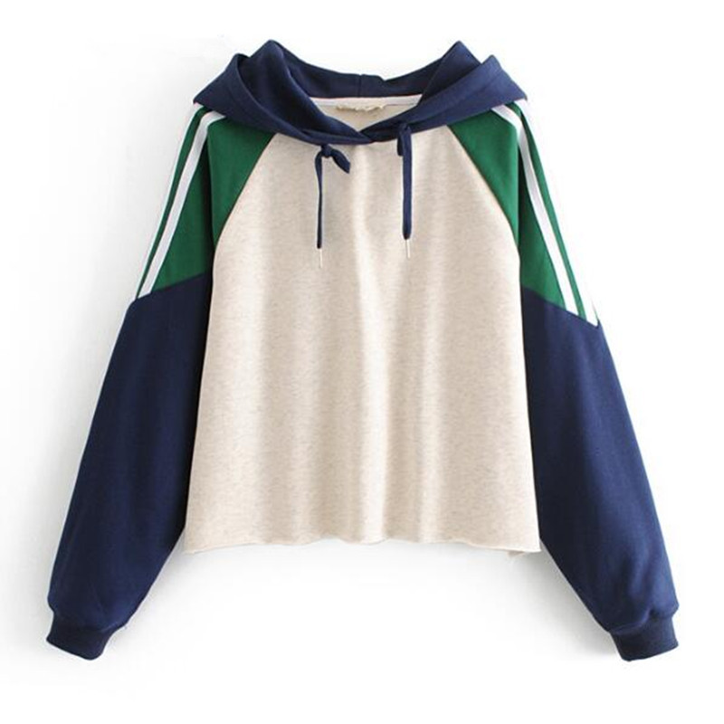 

Harajuku Striped Patchwork Color Hooded Sweatshirts Vintage Drawstring Long Sleeve Sweats 2018 Women Short Jumper Sweats, Multi