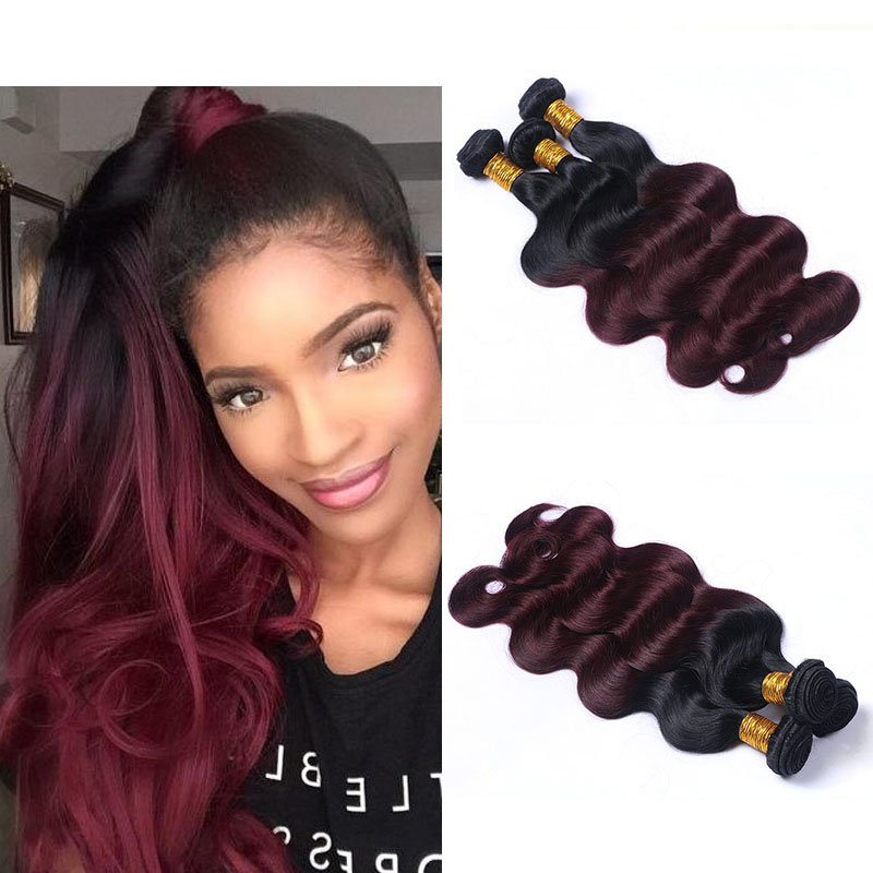 

Two Tone Ombre 1B/99J Hair Extensions 8A Brazilian Peruvian Malaysian Virgin Human Hair Weave Body Wave 3 Bundles 100g/Pcs 12-26 Inch, Ombre color