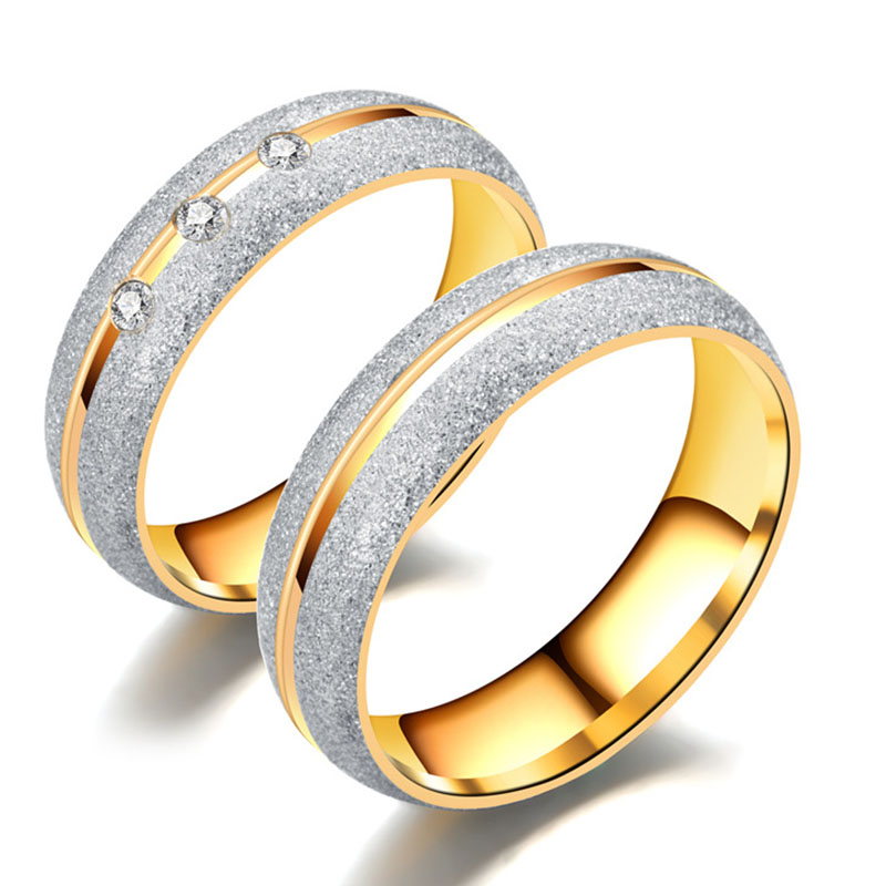 

Dull Polish Stainless Steel Ring band finger Gold Diamond Crystal Couple Wedding Rings for Men Women Fashion Jewelry will and sandy, Golden;silver