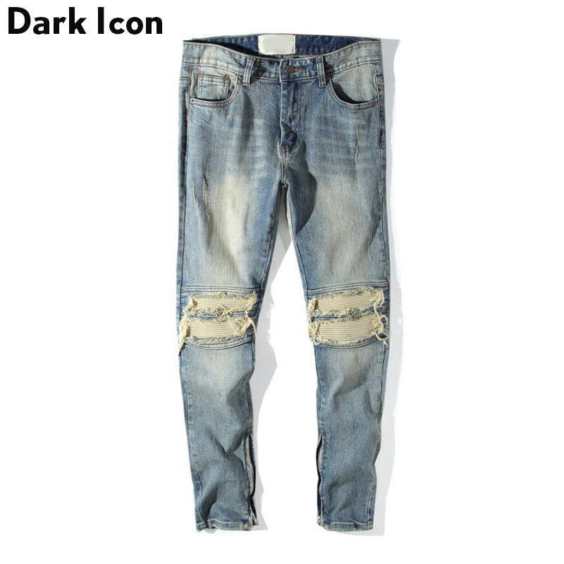 Plissé sur le genou de style régulier jeans hommes 2018 High Street Motorcycle en jeans Pantalon denim complet bleu clair bleu clair