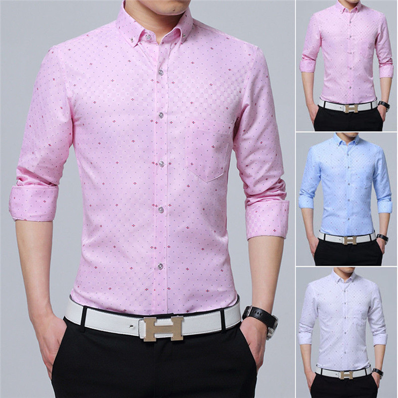 

HIRIGIN Newest Mens Meet Slim Fit Long Sleeve Cotton Shirt Plaid Smart Casual Button Business Man Shirt, Pink