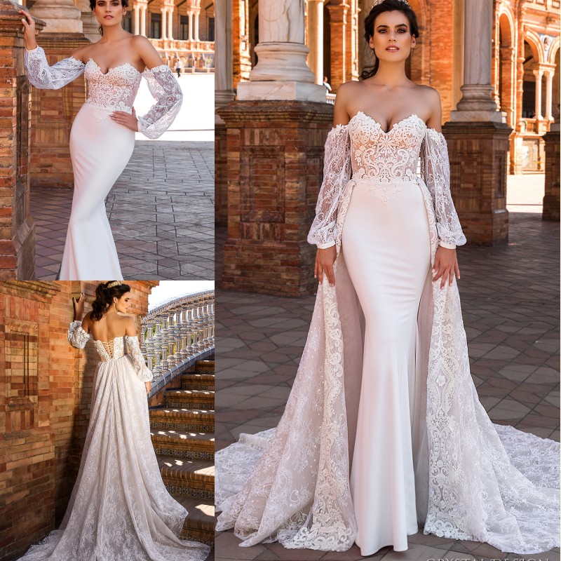 

2018 New Design Off the Shoulder Long Sleeves Mermaid Wedding Dresses with Lace Detachable Train Lace-up Back Court Train Bridal Gowns, White